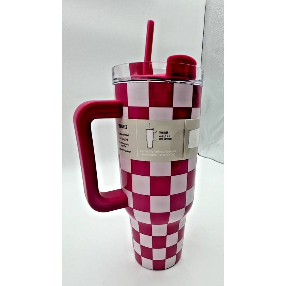 Stainless Steel 40oz Quencher H2.0 FlowState Tumbler Fuchsia Checker Pink NEW - Picture 4 of 7